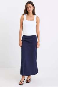 Bottoms: Bliss Navy Linen Midi Skirt