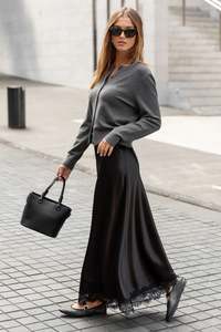 Margarita Black Satin Lace Trim Maxi Skirt