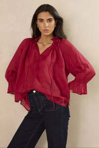 Odyssey red shirred neck button mid sleeve top