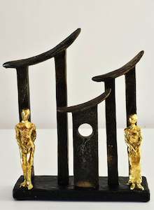 Unique Figurine And Wine Holders: Elegant Gold and Grey Couple Figurine with Wall Design