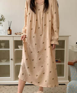 Vintage Bear Crinkled Cotton Long Sleeve PJ Dress
