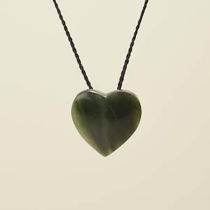 Aroha Love: Manawa Heart Kawakawa Small Pounamu Pendant, Black Binding