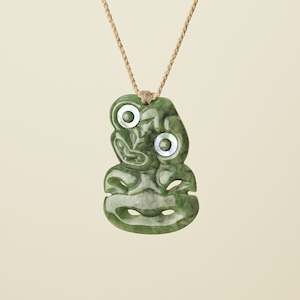Hei Tiki Kahurangi Pounamu Large Pendant, Tan Binding