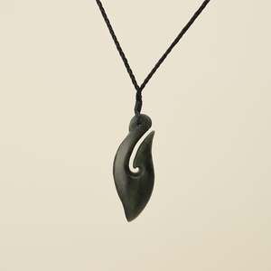 Hei Matau Kawakawa Small Pounamu Pendant, Black Binding