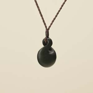 Pikorua Twist: Pikorua Kawakawa Round Small Pounamu Pendant, Brown Binding