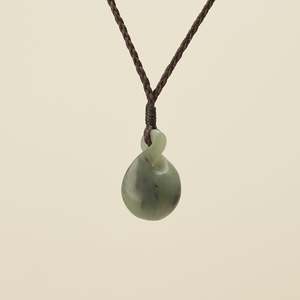 Pikorua Inanga Round Small Pounamu Pendant, Brown Binding