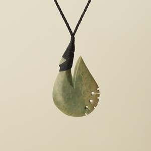 Notched Hei Matau Raukaraka Pounamu Large Pendant, Black Binding