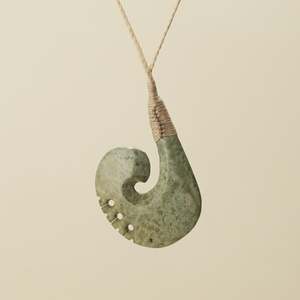 Protection: Notched Hei Matau Raukaraka Pounamu Large Pendant, Tan Binding