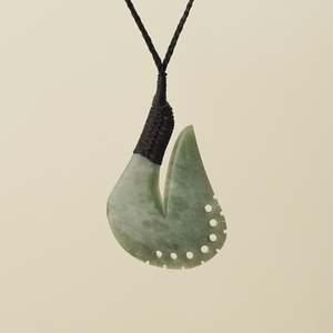 Notched Hei Matau Inanga Pounamu Large Pendant, Black Binding