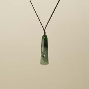 Koru Pendants: Pounamu Toki Koru Medium Pendant, Brown Binding
