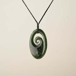 Pounamu Flower Oval Long Koru Large Pendant