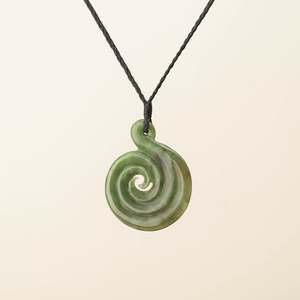 Pendants: Hei Matau Koru Medium Large Pounamu Pendant, Black Binding