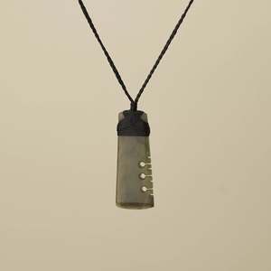 Notched Toki Hapopo Medium Pounamu Pendant, Black Binding