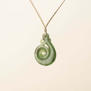 Hei Matau Koru Medium Large Pounamu Pendant, Tan Binding