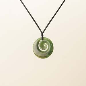 Pounamu Koru Medium Pendant, Black Binding