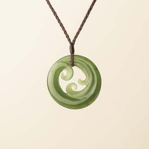 Pounamu Triple Koru Medium Large Pendant, Brown Binding