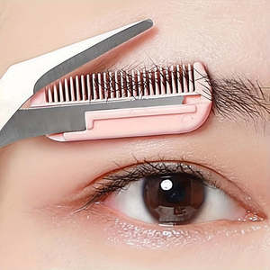 Beauty: Pink eyebrow trimming scissors with built-in comb - stainless steel,