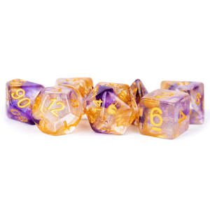 MDG Resin Poly 7 piece dice set: Unicorn Royal Sunset