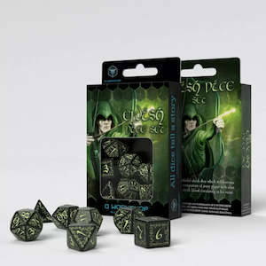 Polyhedral Dice: Q Workshop: Elvish 7 Dice Set Black/Glow in the Dark