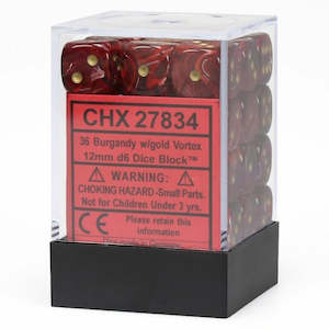 Six Sided Dice: Chessex: Vortex, Burgandy/gold, 36, 12mm D6 Dice Block