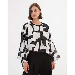 Tirelli: Silky Oversized Layer Top Black Abstract OS