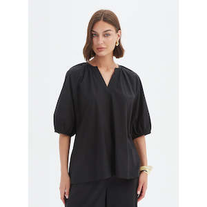 Tirelli: Gathered Notch Neck Top Black