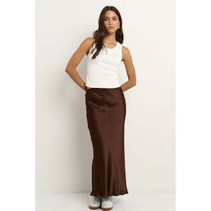 Rosette Chocolate Satin Midi Skirt