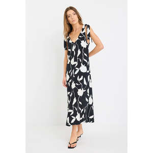 Apparel: Spontaneous B&W Floral Tie Shoulder Relaxed Midi Dress