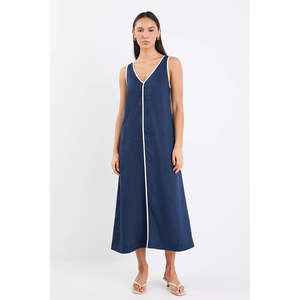 Siesta Navy Linen Contrast Sleeveless Maxi Dress