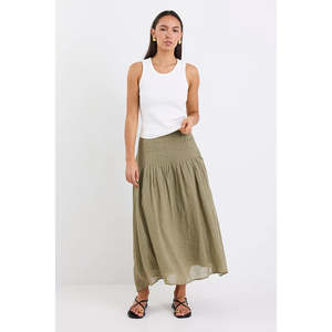 Apparel: Pepe Khaki Linen Pintuck Waist Skirt