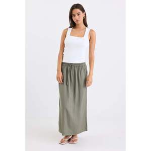 Apparel: Notion Khaki Linen Blend Side Split Midi Skirt