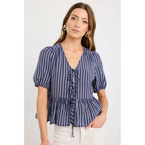 Restore Navy Stripe Peplum Top