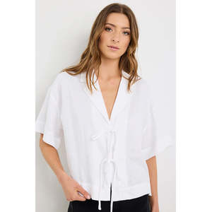Apparel: Fasten Ivory Linen Tie Front Shirt