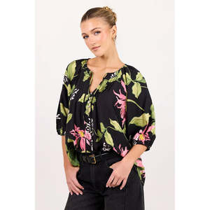 Refine Black Blush Floral Pintuck Front Top