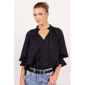 Tops: Expedition Black Self Stripe Shirred Neck Top