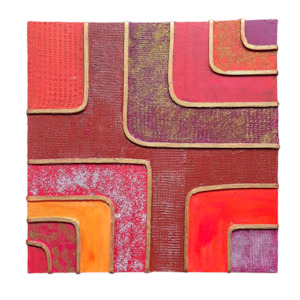 Sculpted Paintings: Textured Abstract Painting: Red, Pink, Gold, Glitter Accents
