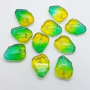 Glass Beads: 10pc Two Tone Green Yellow Glass Leaves