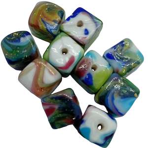 10pc White Lampwork Beads With Swirl Patterns