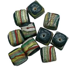 Glass Beads: 10pc Green Lampwork Beads With Stripes