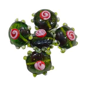 5pc Large Green Lampwork Beads With Swirls.