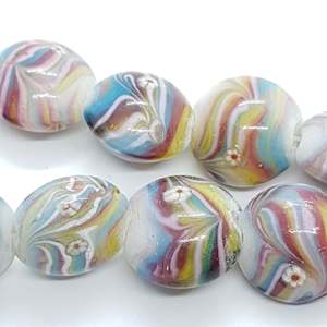 Lampwork Beads: 10pc Rainbow Swirl Lentil Lampwork Bead