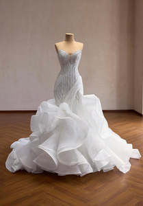 Products: Mermaid Wedding Dress Beaded Corset Gown, Organza Ruffle Train, Cust - Art Kollocsion