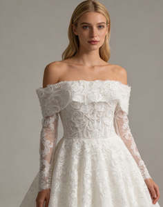 Products: Off-Shoulder Lace beaded Ball Gown Wedding Dress with Long Sleeves - Art Kollocsion