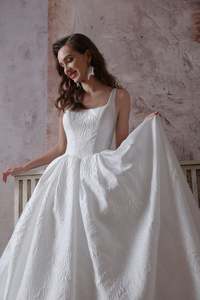 Luxurious Square Neck Wedding Dress with Floral Pleats & Covered Butto - Art Kollocsion