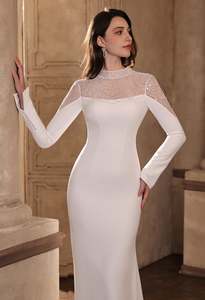 Products: Sparkling Sheer High-Neck Beaded Mesh Gown with Long Sleeves & Pearls, - Art Kollocsion
