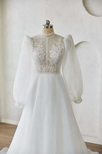 High-Neck Lace Wedding Dress with Chiffon Skirt & Puff Sleeves - Art Kollocsion