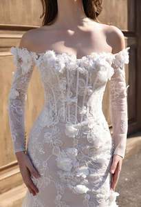3D Flower Lace Fit & Flare Wedding Dress Art Kollocsion