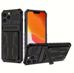iPhone 15 Pro Heavy Duty Shockproof Case With Card Holder & Kickstand (Black)