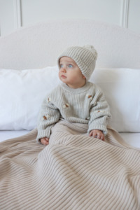 Knitwear Collections: Hand Embroidered Busy Bee Heritage Knit Sweater - Oat Marle