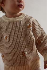 Custom Busy Bee Knitwear: Hand Embroidered Busy Bee Chunky Knit Sweater - Stone